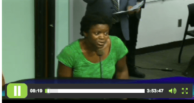 Parent speaking during public comment time at August 18 board meeting.