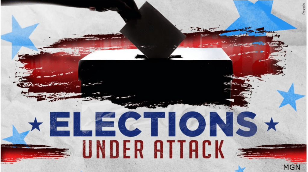Red, white, and blue logo, with ballot box and words "Elections Under Attack"
