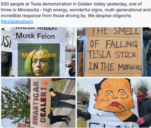 Bluesky post of protest against Tesla, with four protest signs: Musk Felon; The Smell of Falling Tesla Stock in the Morning; caricature of Musk; swasticar dealer