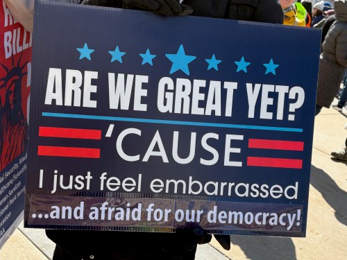Protest sign: Are we great yet? 'Cause I just feel embarrassed and afraid for our democracy.